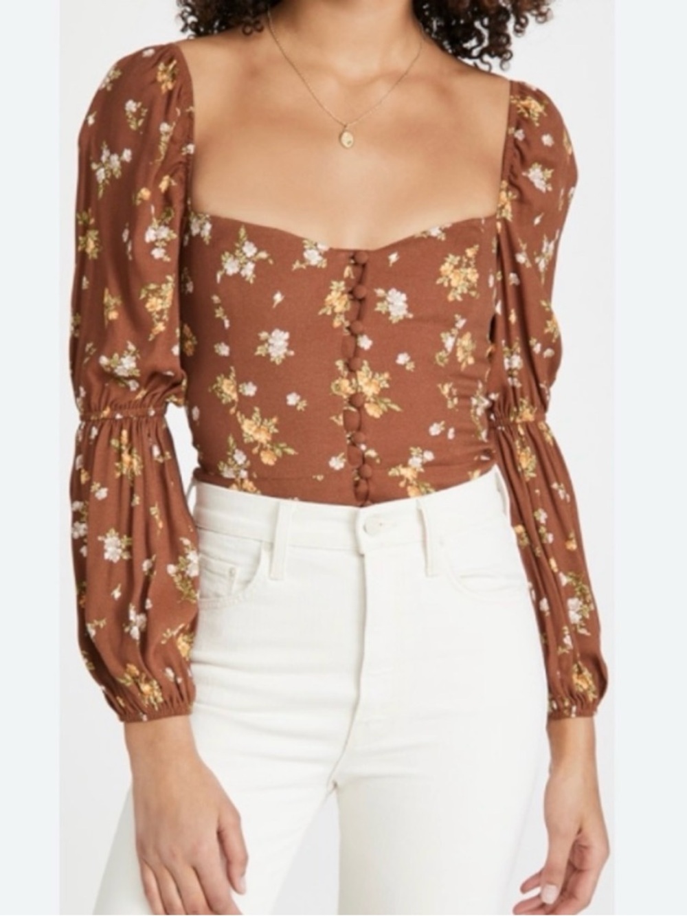 Reformation Brown Floral Square-Neck Puff-Sleeve Top